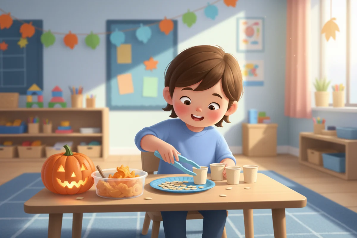 Illustration of a preschooler using tweezers to sort dried pumpkin seeds into small cups beside a carved class pumpkin