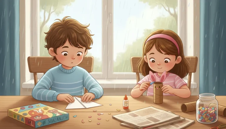 Illustration of two children at a table by a rainy window making paper airplanes and cardboard tube animals from recycled paper and boxes