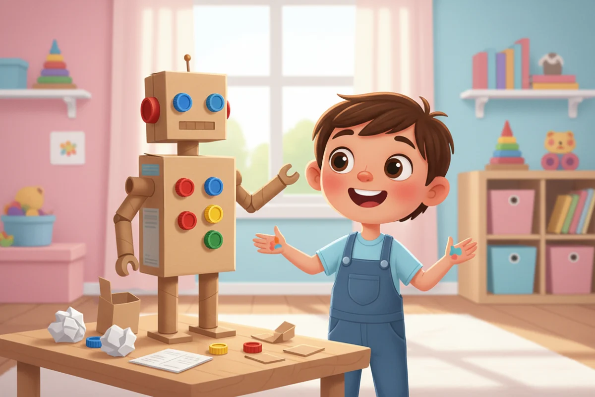 Illustration of a proud child beside a robot built from a cereal box, cardboard tube arms, a small box head and bottle cap buttons