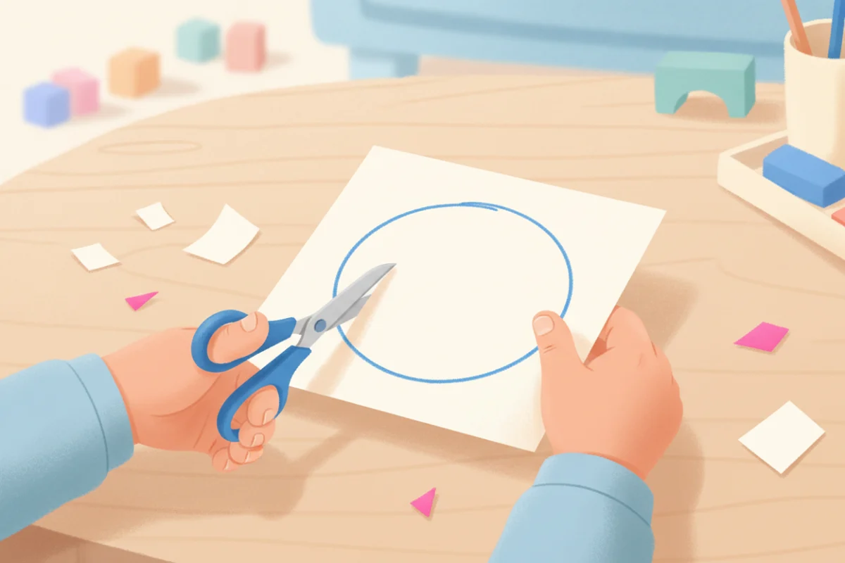 Illustration of a close-up of a child's hands: one hand holding scissors with thumb up, the other turning a paper circle