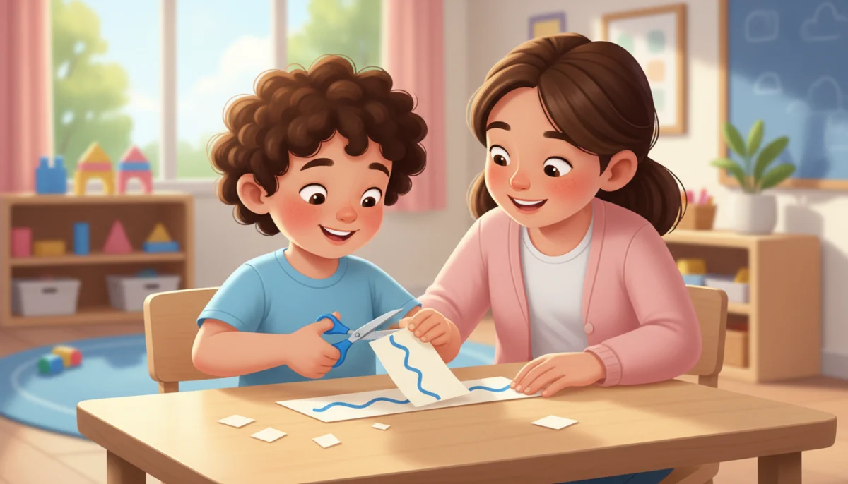 Illustration of a preschool child carefully cutting along a thick wavy line with child-sized scissors while a teacher watches