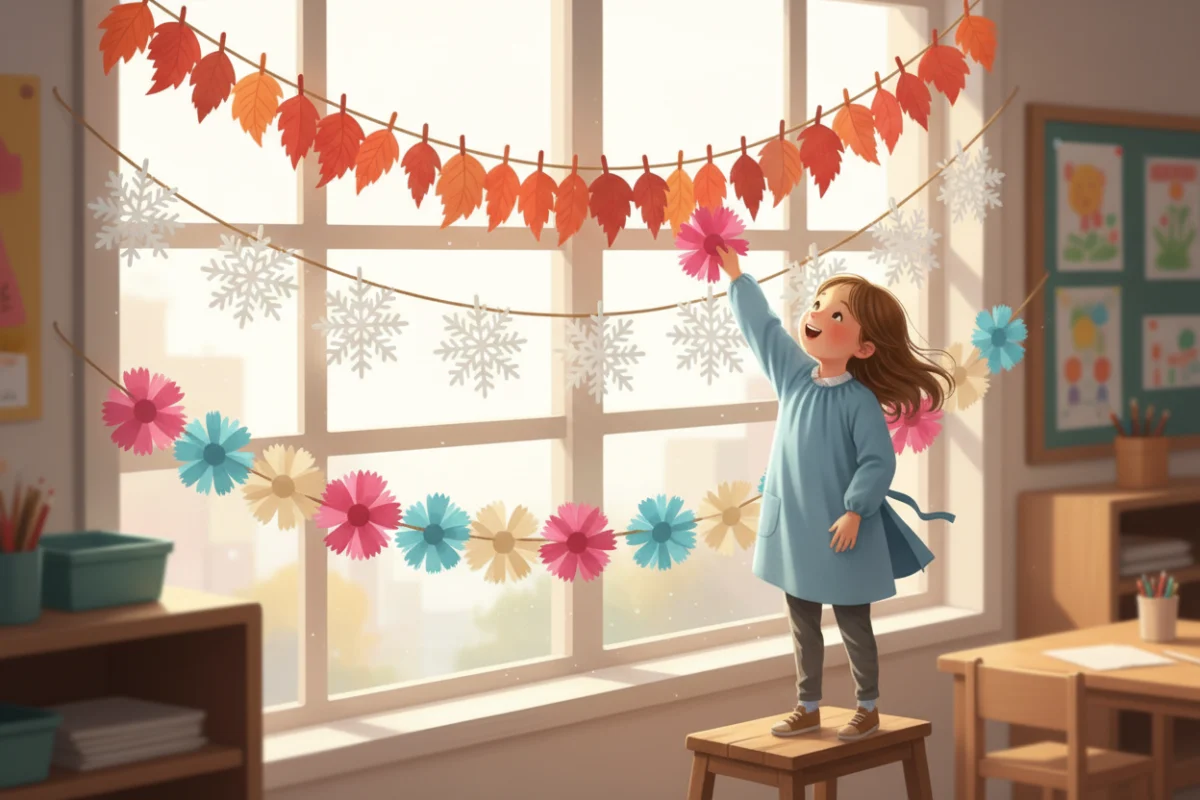 Illustration of three paper garlands hung across a classroom: fall leaves, winter snowflakes and spring flowers with fringed petals