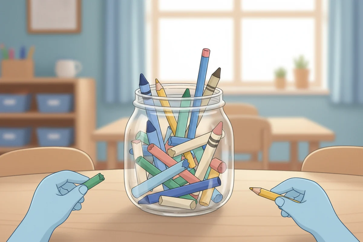 Illustration of a jar of broken short crayons and golf pencils on a classroom table