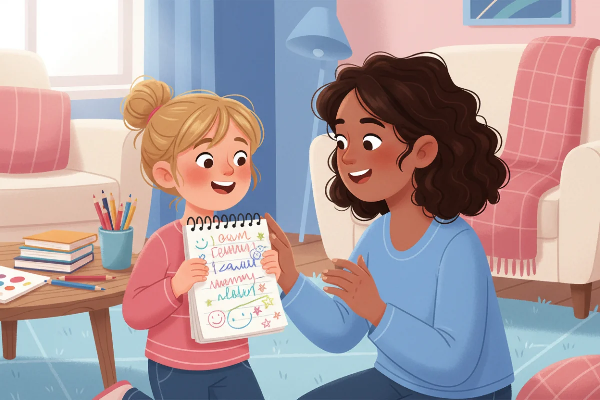 Illustration of a child happily showing a notebook page to a parent