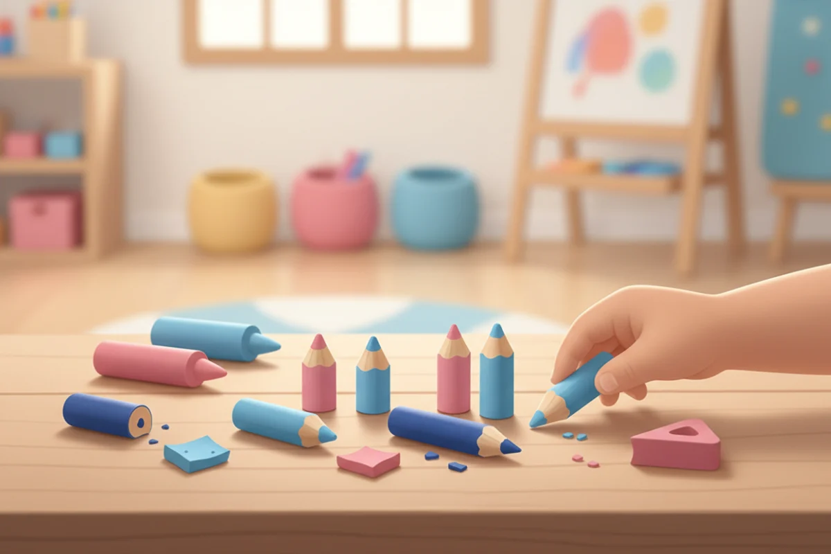 Illustration of short pencils, broken crayons and triangular crayons laid out on a table