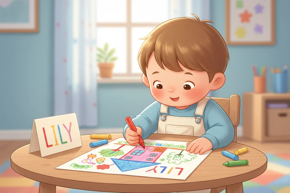Illustration of a child writing their name with a crayon at the bottom of a drawing, chalk name on the driveway visible through the window