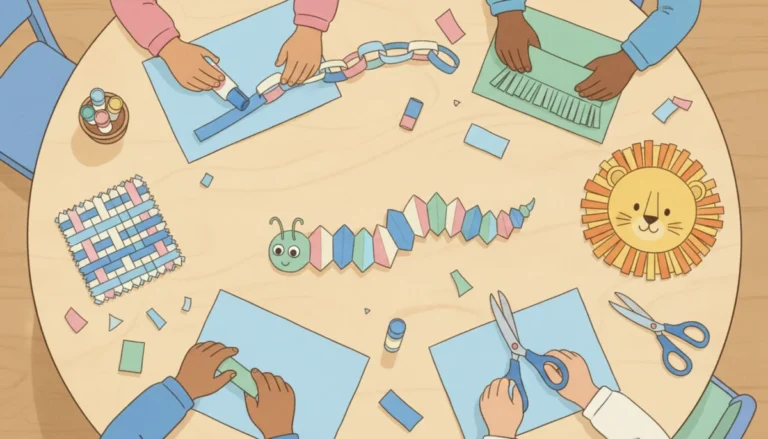 Illustration of a kindergarten table covered with finished paper crafts: a fringe caterpillar, paper chain, accordion snake, paper plate lion and a woven mat