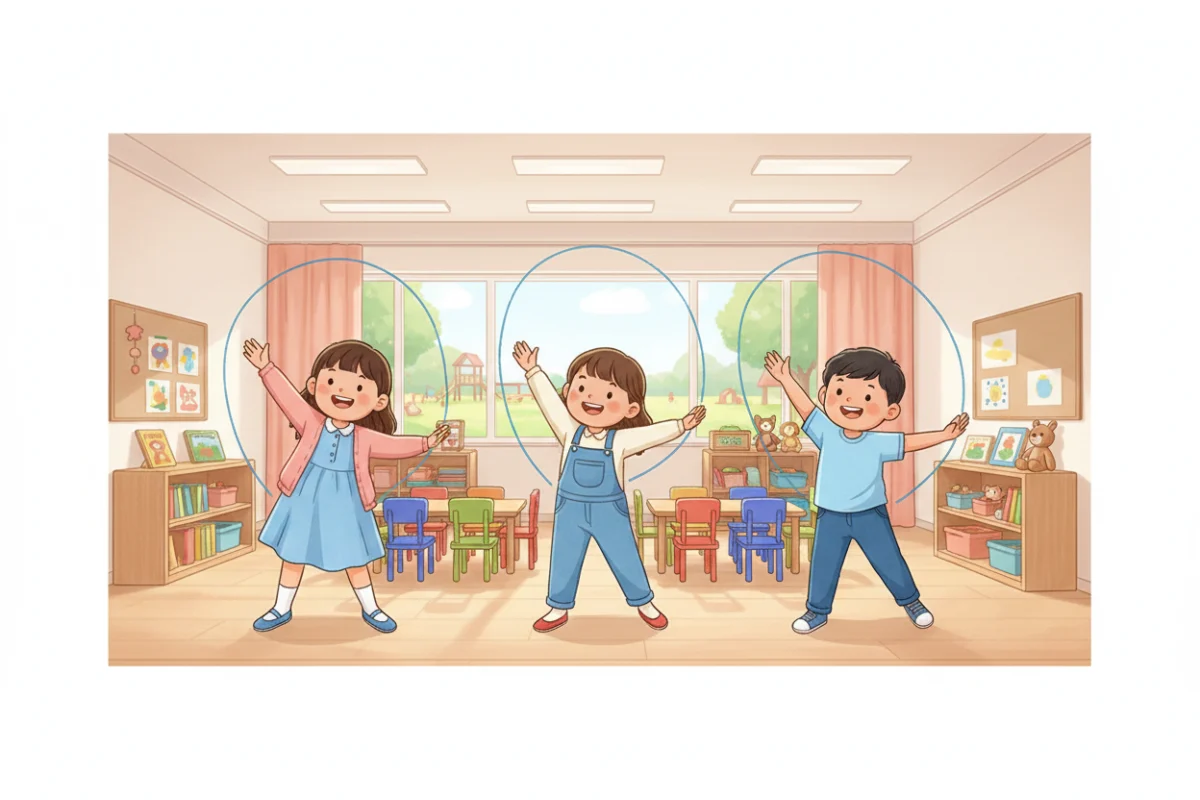 Illustration of kindergarten children writing big shapes in the air with their arms