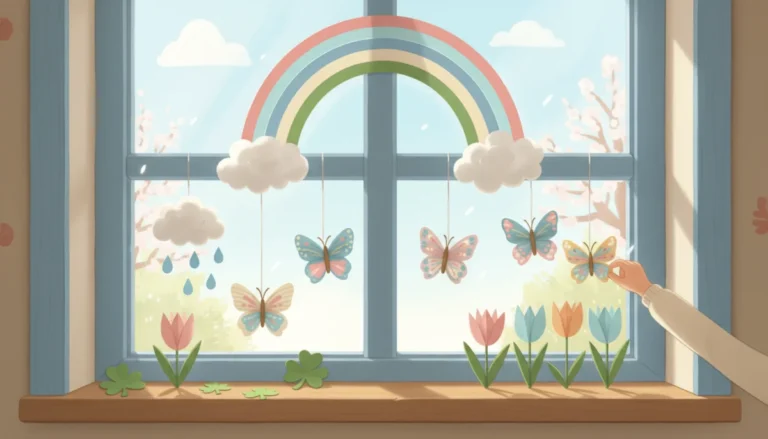 Illustration of a sunny window decorated with children's spring paper crafts: a paper strip rainbow, green shamrocks, fringed paper tulips, accordion butterflies and a rain cloud mobile