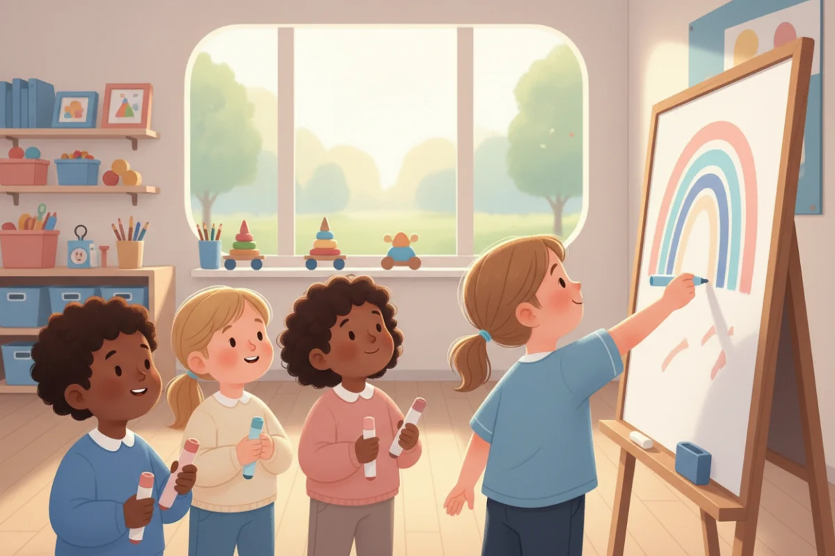 Illustration of a child drawing big rainbow arcs in three colors on a classroom whiteboard