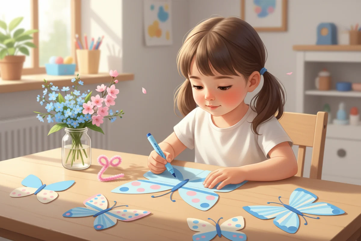 Illustration of a child opening a folded piece of paper cut into a symmetrical butterfly shape and decorating both wings to match