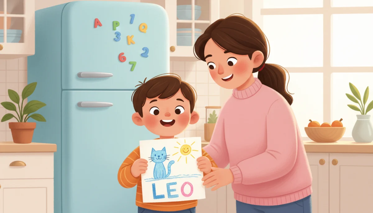 Illustration of a proud preschooler holding up a drawing signed with their name in big wobbly letters while a parent smiles