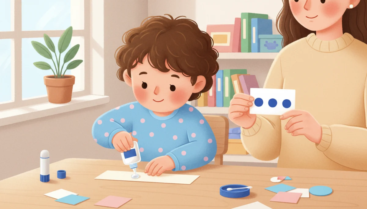 Illustration of a preschooler carefully making small dots of glue on a paper strip with a small bottle while a parent points to a chart saying dot dot not a lot