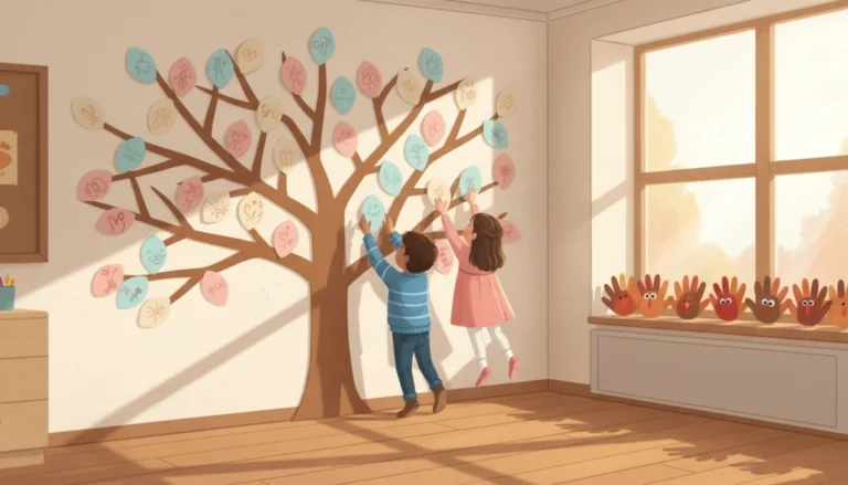 Illustration of a classroom gratitude tree on the wall covered in children's paper leaves, with handprint turkeys on the windowsill and children adding leaves
