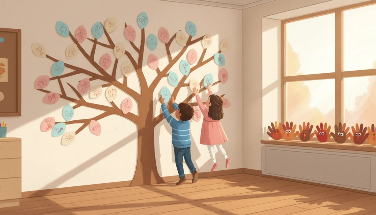 Illustration of a classroom gratitude tree on the wall covered in children's paper leaves, with handprint turkeys on the windowsill and children adding leaves