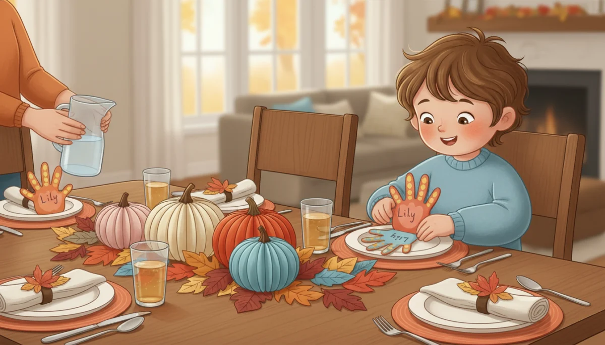 Illustration of a Thanksgiving table decorated with children's paper crafts: handprint turkey place cards, paper napkin rings, a leaf garland and paper strip pumpkins in the center