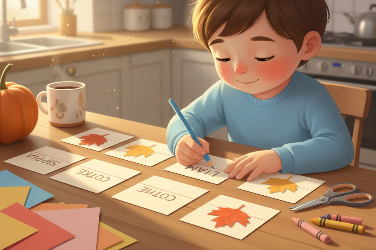 Illustration of a child carefully writing a guest's name on a folded place card decorated with a small paper leaf, with finished cards lined up
