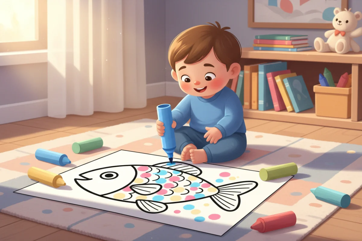 Illustration of a toddler using a dot marker on a giant coloring page with a single large fish outline and very thick lines