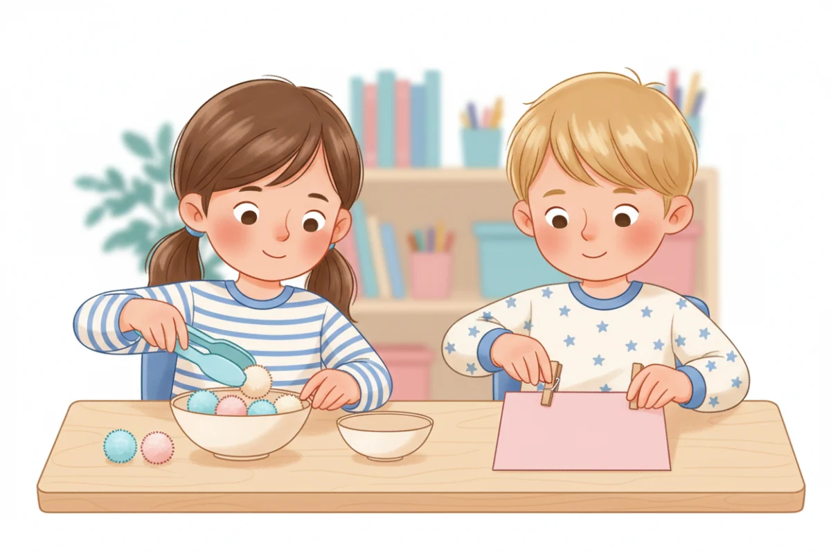 Illustration of two children moving pom-poms with tongs and clipping clothespins onto a card