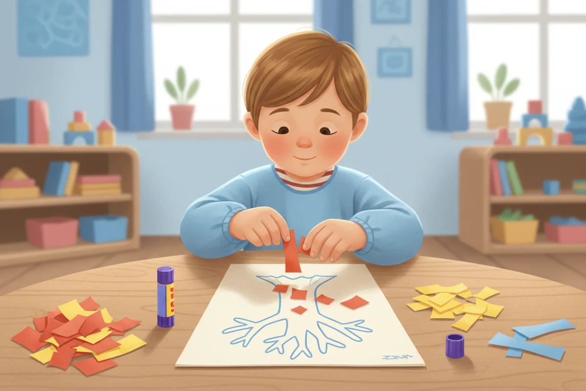 Illustration of a preschooler tearing red and orange paper with thumb and index finger and gluing pieces inside a large tree outline