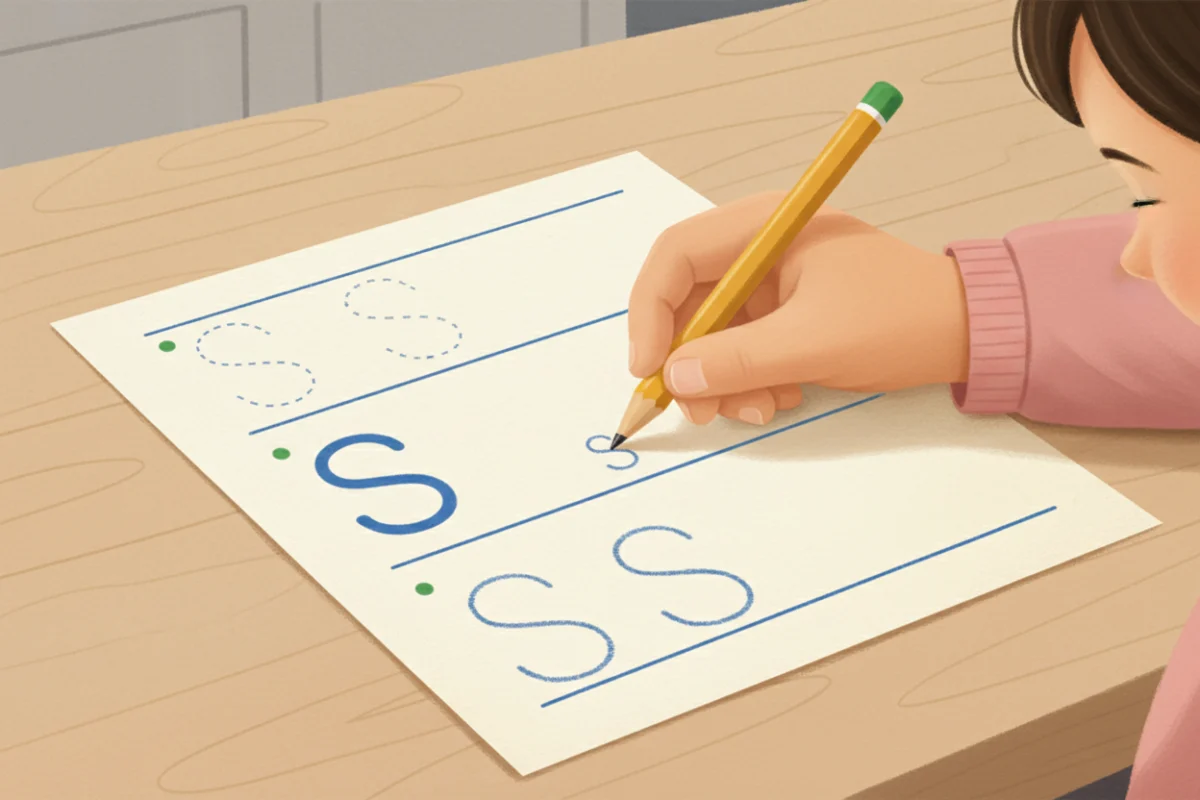 Illustration of a worksheet showing a traced letter, a copied letter next to it, and a letter written from memory, with a child's hand and crayon