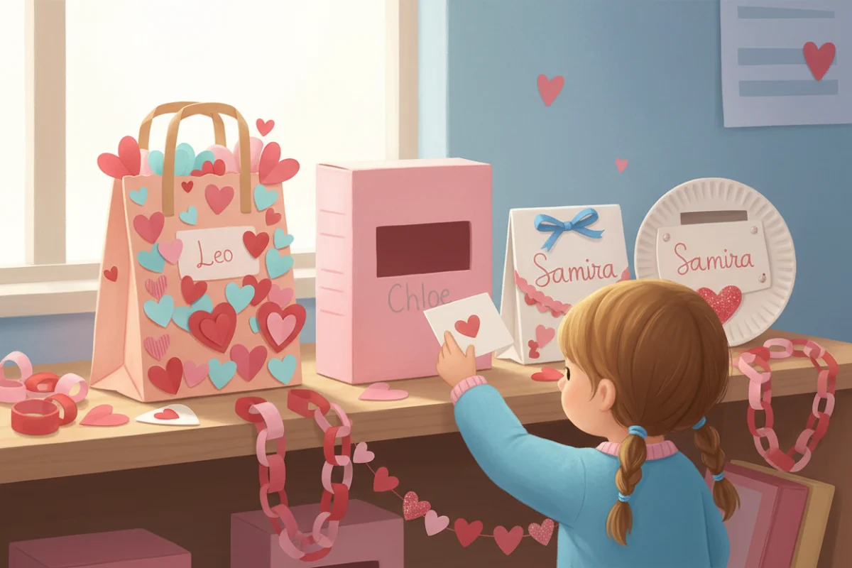 Illustration of a shelf of handmade valentine mailboxes: decorated paper bags, a cereal box with a slot, a paper plate pocket, each with a child's name