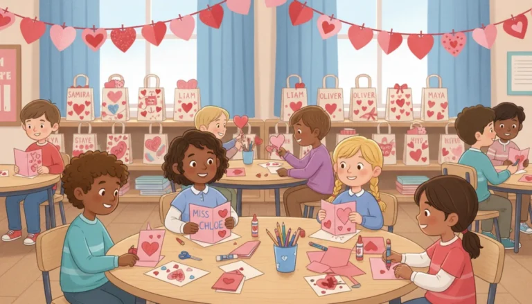 Illustration of children at a classroom card center writing names on handmade valentines, with decorated paper bag mailboxes lined up and a heart garland overhead