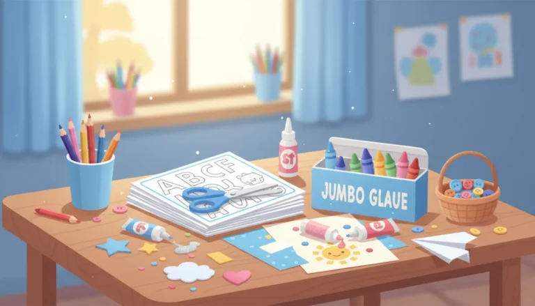 Illustration of a cheerful craft table with crayons, scissors, paper shapes and printable worksheets