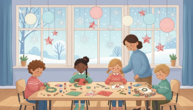 Illustration of a classroom window full of cut paper snowflakes and tissue paper stained glass stars, with paper lanterns hanging and children making cards at a table
