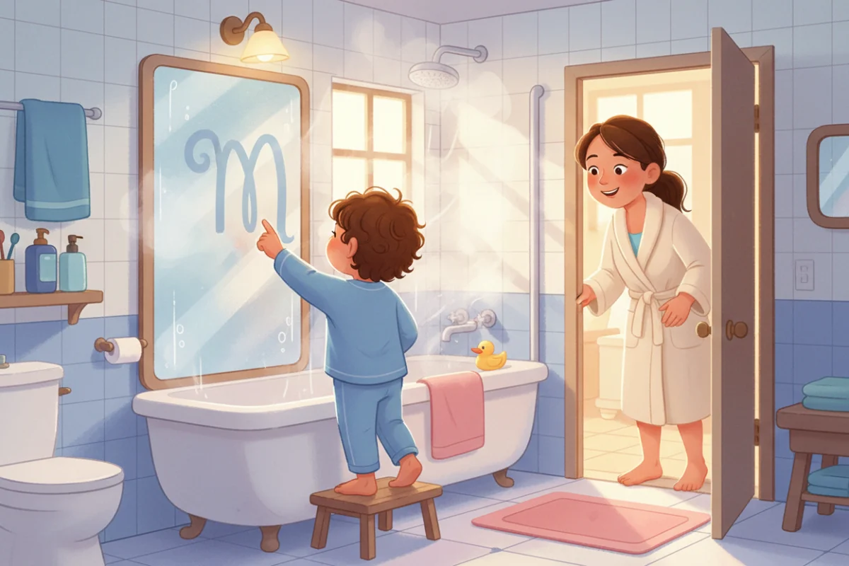 Illustration of a preschooler writing a huge letter on a steamy bathroom mirror with a finger